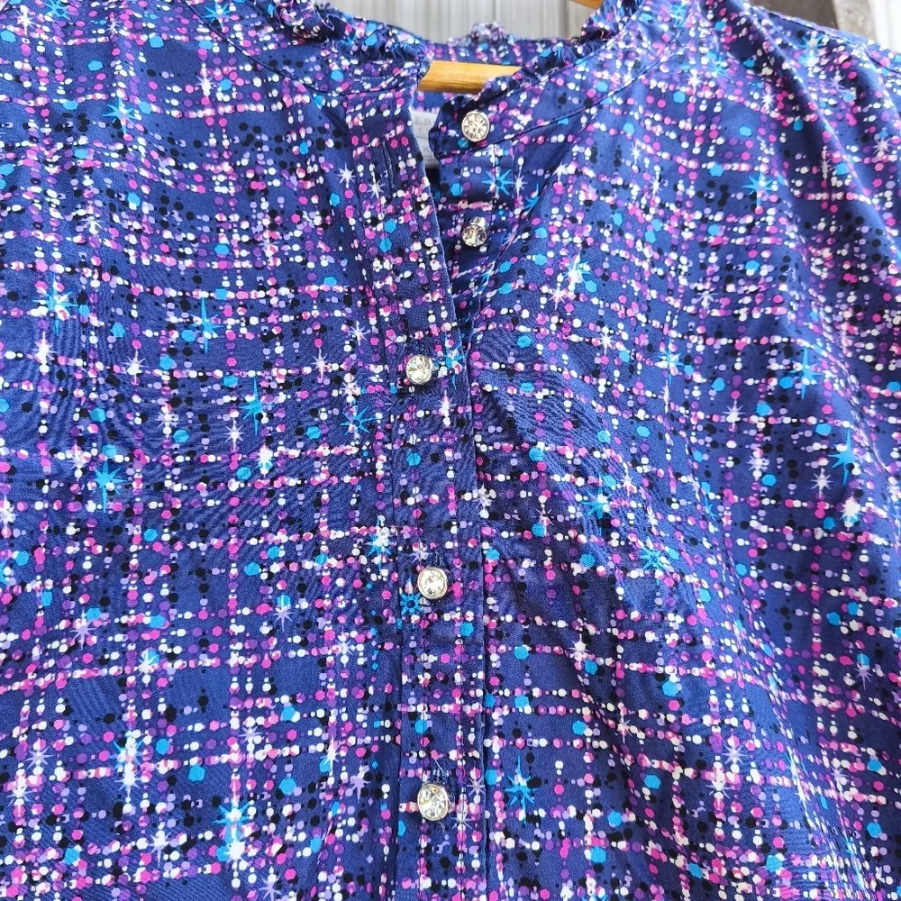 Talbots Geometric Rhinestone Button Ruffle Popover sz XL Purple Chic Office - Picture 3 of 11